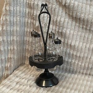 Wilcox Silver Plate Antique Victorian Glass Cruet Set with Silver Metal Stand